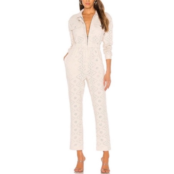 Free People Jumpsuit Set The Tone Eyelet Jumpsuit Ivory Bone Long Sleeve Zip Up - Picture 1 of 16